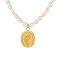 White Pearl Strand Gold Sunflower Oval Pendant Necklace view 5