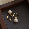 Gold Tone Round Hoop Earrings With Large White Pearl Drop Charms view 4