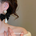 Black Bow Pearl Drop Earrings With Crystal Stud Tops view 3