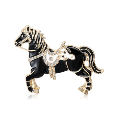 Front product view of the enamel running horse brooch on a light background