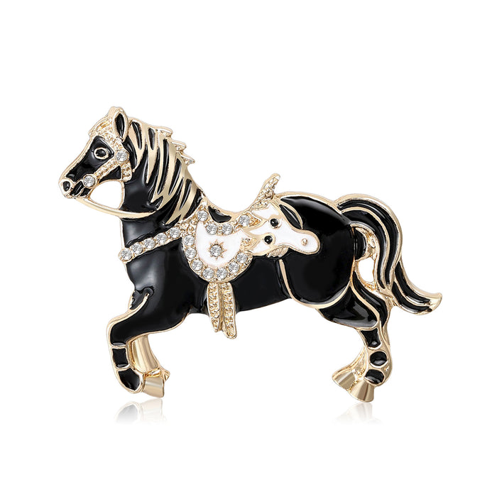 Enamel Running Horse Brooch with Crystal Tack in Three Colors