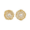 Layered Gold Tone Flower Stud Earrings with Pearl Centers view 5