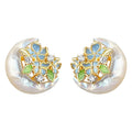 Gold Mother-of-Pearl Crescent Enamel Flower Stud Earrings view 5