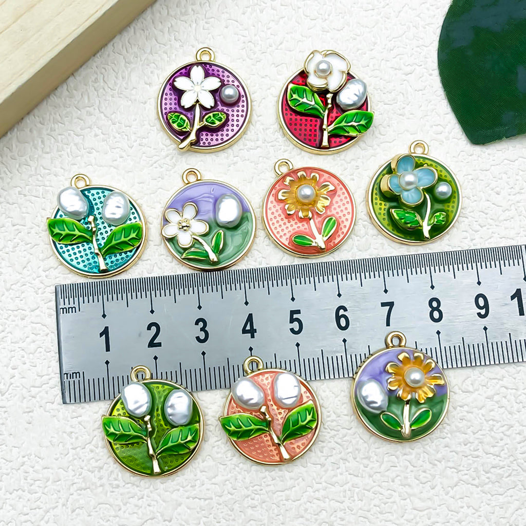 Enamel Zinc Alloy Round Flower Enamel Charm Pendants