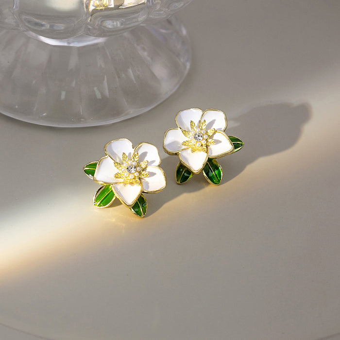 White Enamel Camellia Flower Stud Earrings Green Leaves