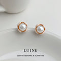 Pearl Bud Stud Earrings Cream Enamel Petals Gold Rim view 1