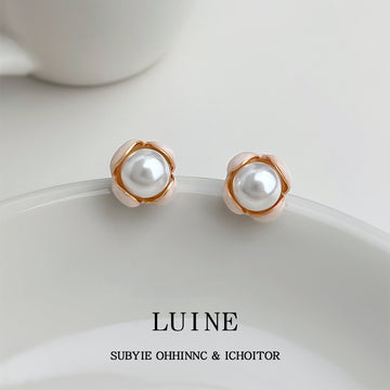 Pearl Bud Stud Earrings Cream Enamel Petals Gold Rim