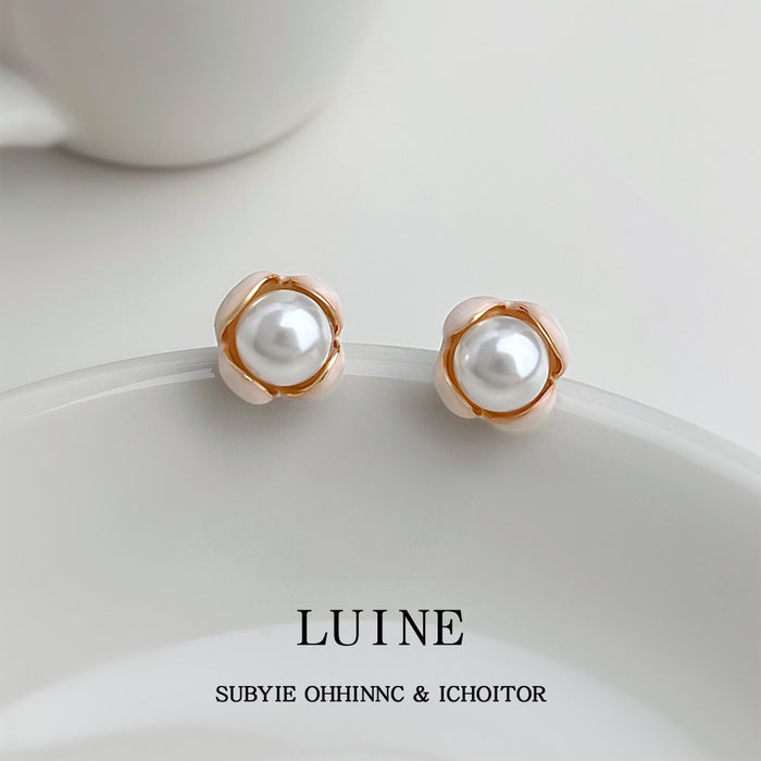Pearl Bud Stud Earrings Cream Enamel Petals Gold Rim