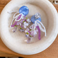 Blue and Purple Beaded Floral Tassel Clip-On Earrings view 6