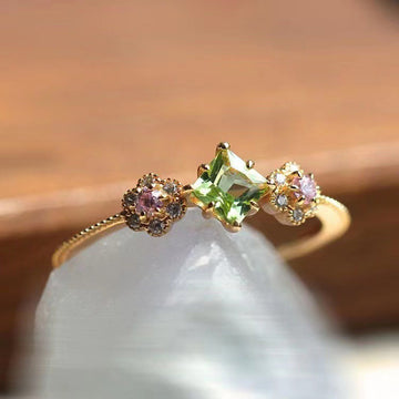 Gold Square Green Stone Ring Pink Floral Clusters Sizes 6-10