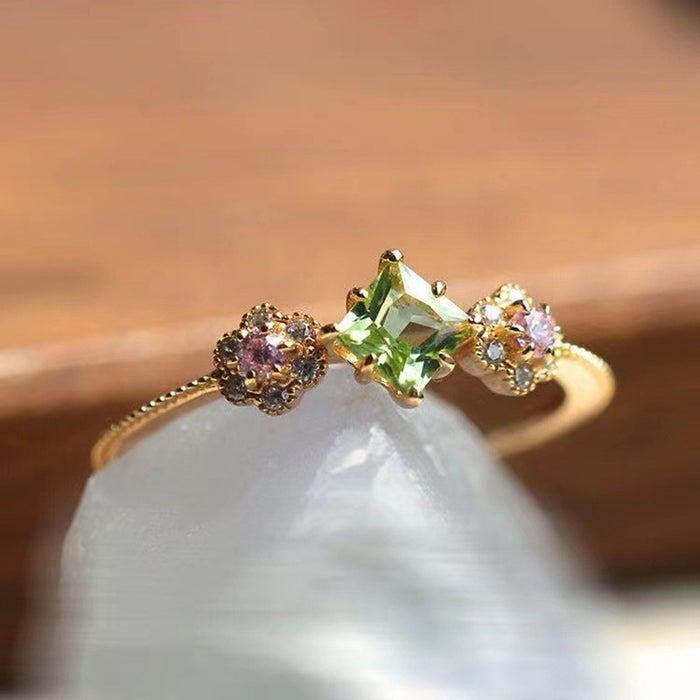 Gold Square Green Stone Ring Pink Floral Clusters Sizes 6-10