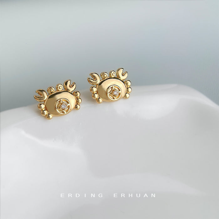 Gold Crab Stud Earrings Clear Crystal Coin Center Pair
