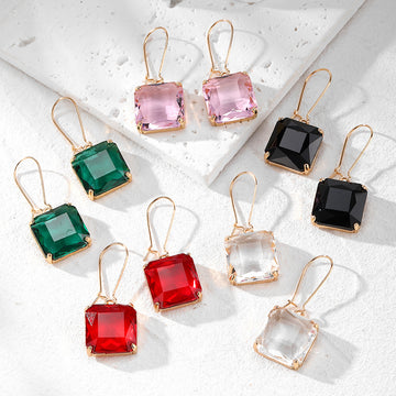 Square Asscher Cut Crystal Dangle Earrings Gold Hooks 5 Colors