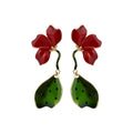 Red Flower Drop Earrings with Speckled Green Leaves view 5