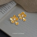 Gold Textured Flower Drop Earrings With Clear Center Stone view 4