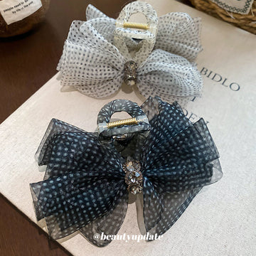 Mesh Polka Dot Organza Bow Shark Hair Claw Clip Rhinestone