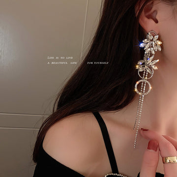 Silver Floral Double Ring Crystal Tassel Statement Earrings