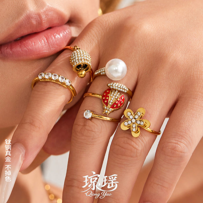316L Steel Open Rings Flower Ladybug Bell Pearl Five-Stone