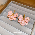 Pink Layered Petal and Gold Tone Leaf Stud Earrings view 4