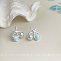 Silver Starfish Shell Pearl Stud Earrings Blue Enamel view 1
