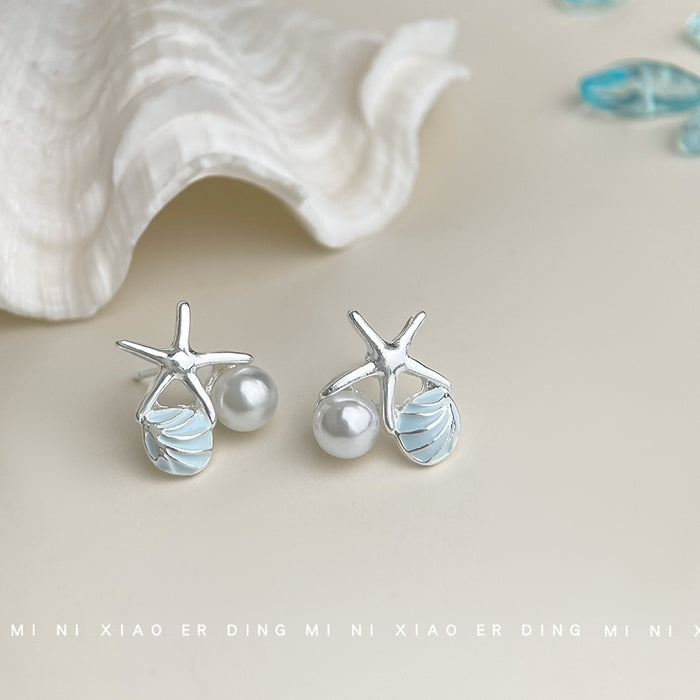 Silver Starfish Shell Pearl Stud Earrings Blue Enamel