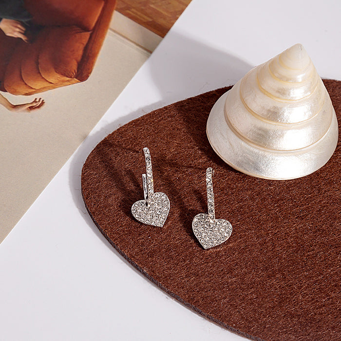 Silver Pave Rhinestone Heart Drop Stud Earrings Pair