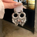 Silver Tone Open Circle Sequin Fringe Stud Earrings view 6