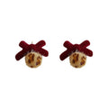 Burgundy Velvet Bow Leopard Fur Ball Drop Earrings view 5