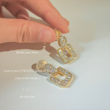 Gold Pave Crystal Teardrop Open Rectangle Clip-On Earrings