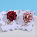 Fabric Rose Brooch Pearl Bud Gold Stem Burgundy Pink view 3