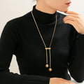 Gold Snake Chain Lariat Necklace Dual Ball Drop Bar view 3