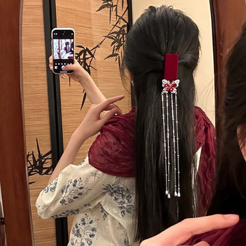 Red Velvet Butterfly Crystal Tassel Hair Clip BB Barrette