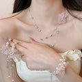 Pink Organza Flower Pearl Necklace Bracelet Drop Earrings view 1