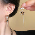 Silver Tone Star Threader Earrings With Long Bar Drops view 1