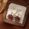 Brown Resin Rose and Crystal Gold Tone Hoop Drop Earrings view 2