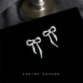 Silver Textured Ribbon Bow Stud Earrings Long Tail Pair view 4