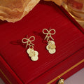 Gold and Silver Bow Disc Fringe Dangle Stud Earrings view 2
