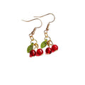 Mini Red Bead Cherry Dangle Earrings Green Leaf Gold Tone view 5