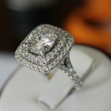 Silver Tone Cushion Square Double Halo Ring Pavé Frame