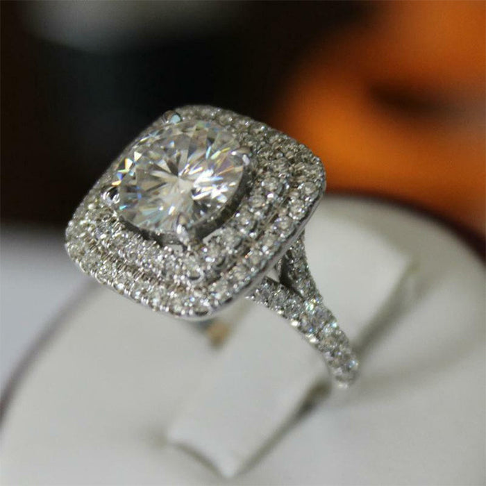Silver Tone Cushion Square Double Halo Ring Pavé Frame