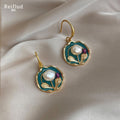 Gold Teal Enamel Disc Baroque Pearl Floral Drop Hook Earrings view 4