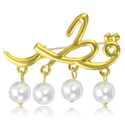 Gold Pray Script Pearl Drop Brooch shown against a white display background