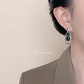 Silver Tone Irregular Double Frame Smoky Oval Stone Drop Earrings view 2