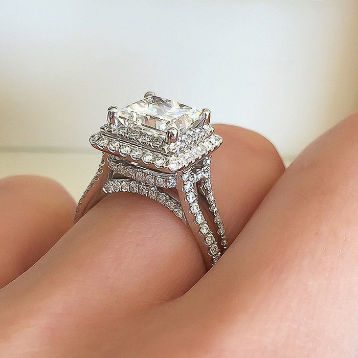 Square Crystal Triple Band Halo Ring in Silver Tone