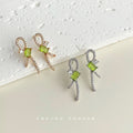 Gold Tone Green Stone Bow Stud Earrings Clear Pavé Accents view 4