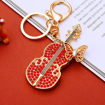 Red Crystal Butterfly Guitar Keychain with Gold Tone Hardware