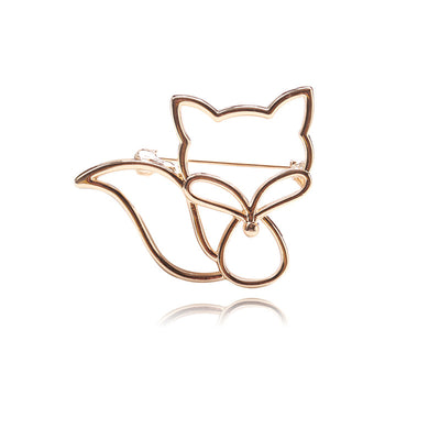 Minimal Open Line Fox Brooch in Silver or Gold Tone shown from the front on a white background