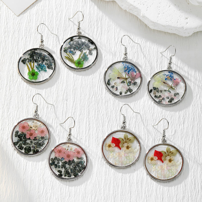 Silver Tone Round Pressed Flower and Stone Drop Earrings