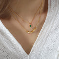 Gold Double Layer Necklace Green Rectangle Pendant Cube Beads view 4
