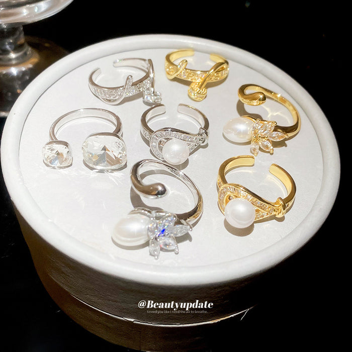 Pearl Clear Crystal Open Rings Gold Silver Seven Styles